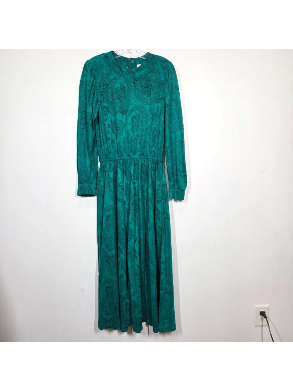Vintage Lanz Originals Dress 8 Green Paisley Secretary Modest Maxi 80s